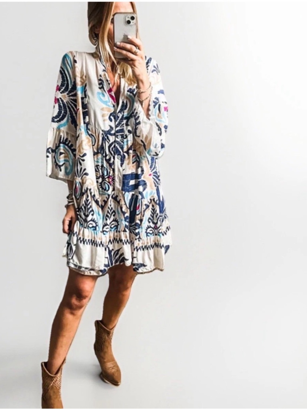 Women's Boho Festival Bell Sleeve V-Neck A-Line Flowy Babydoll Swing Dress - L